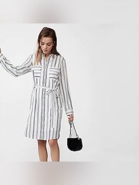 Express Y2K Tied Waist Striped Midi Shirt Dress | White | Size Small